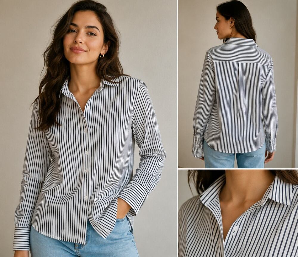 Casa Cabana Women's Black & White Striped Button Up Shirt Medium Stretch Office